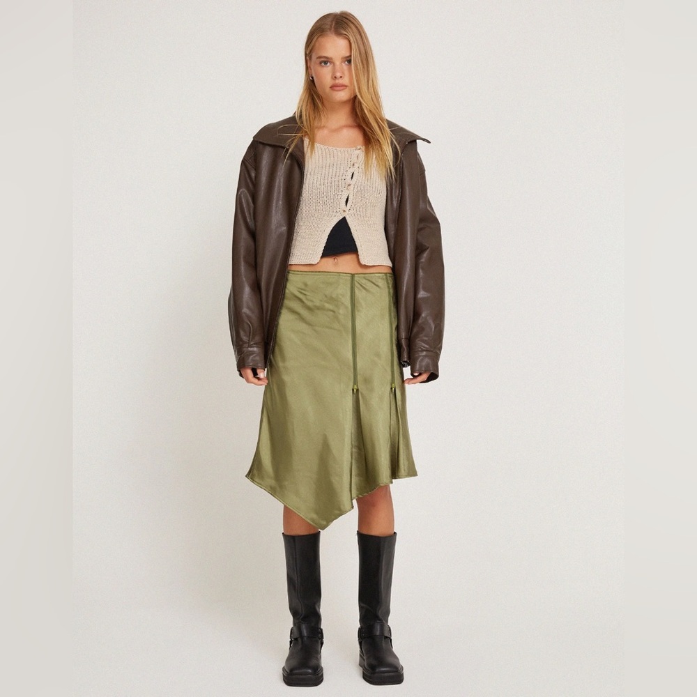 NWT Motel Rocks Satin Midi Skirt in Olive Green - Small